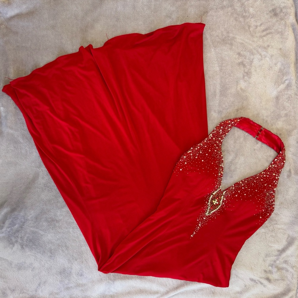 Caché Red Halter Gown with Beaded Details